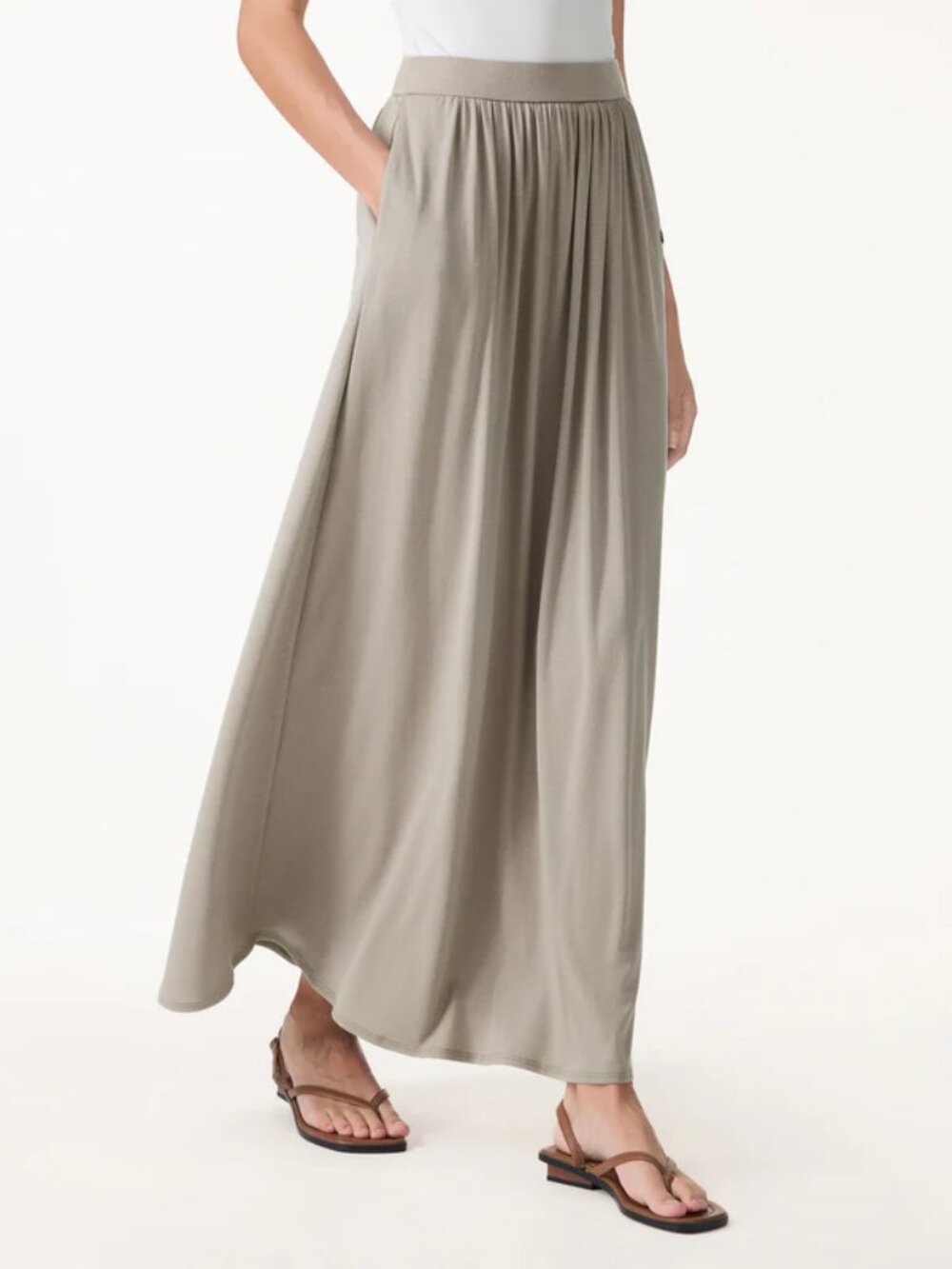 Soft Linen Knit Gathered A-Line Maxi Skirt with Pockets 2XL